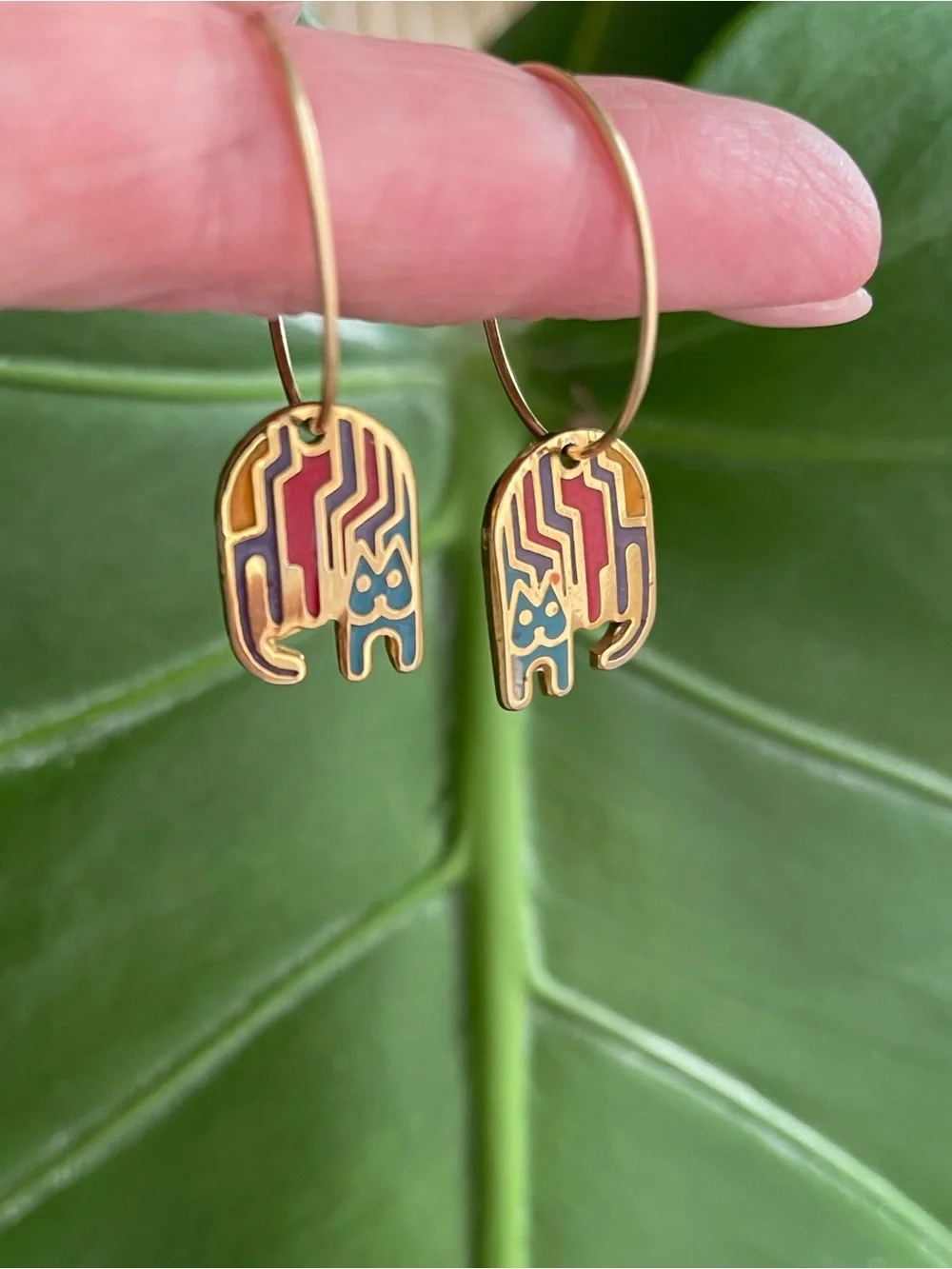 Vintage Laurel Burch Aztec Cat Enamel on Brass Earrings French Wire Hoops - Picture 4 of 12